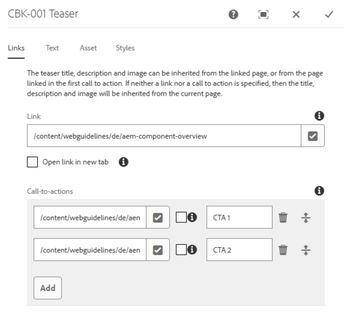 Dialogfeld Links der Teaser-Komponente mit ausgefülltem Link-Pfad und zwei angelegten CTA-Pfaden