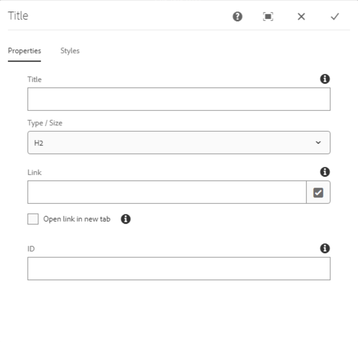 Screenshot der Einstellungen für die Title-Komponente mit dem offenen Tab Properties