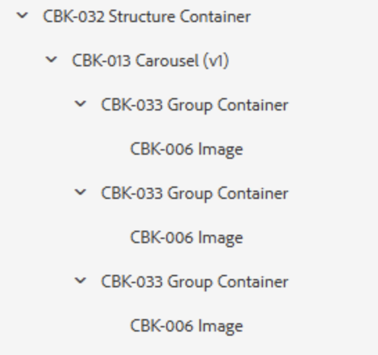 Strukturansicht im Content Tree zum Aufbau einzelner Slides bestehende aus Group Container Komponente plus Image Komponente