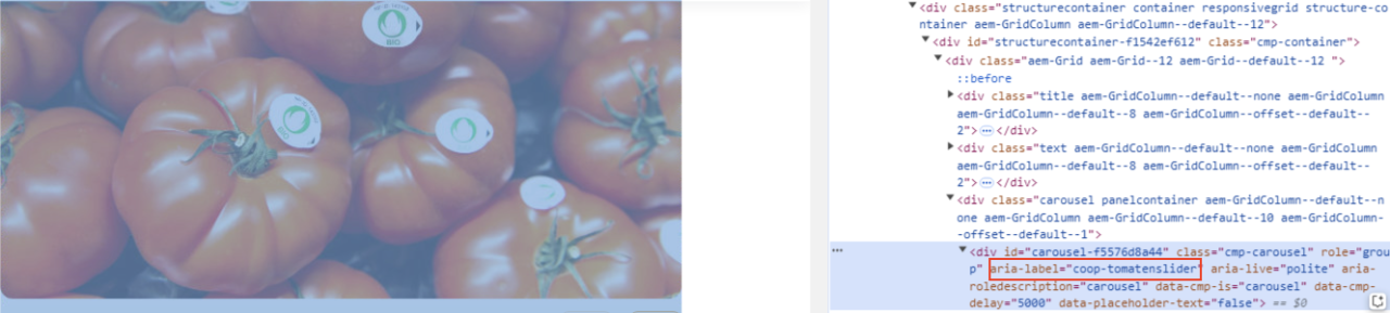 Screenshot auf dem links die Carousel-Komponente hervorgehoben ist und rechts dazu der HTML-Code zur Komponente mit herhorgehoneme aria-label