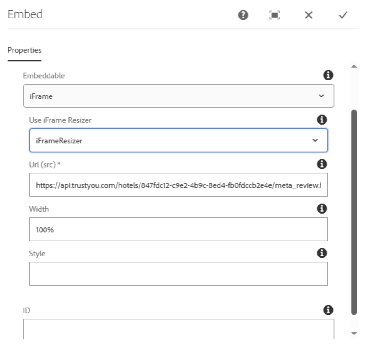 Screenshot eines "Embed"-Einstellungsfensters für iFrames, das Eingabefelder für die URL (src), iFrame Resizer, Breite, Höhe und Stil zeigt. Das iFrame Resizer Dropdown ist auf iFrame Resizer gesetzt.