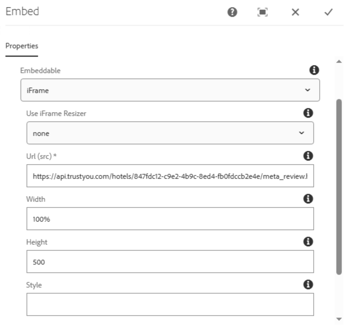 Screenshot eines "Embed"-Einstellungsfensters für iFrames, das Eingabefelder für die URL (src), iFrame Resizer, Breite, Höhe und Stil zeigt.