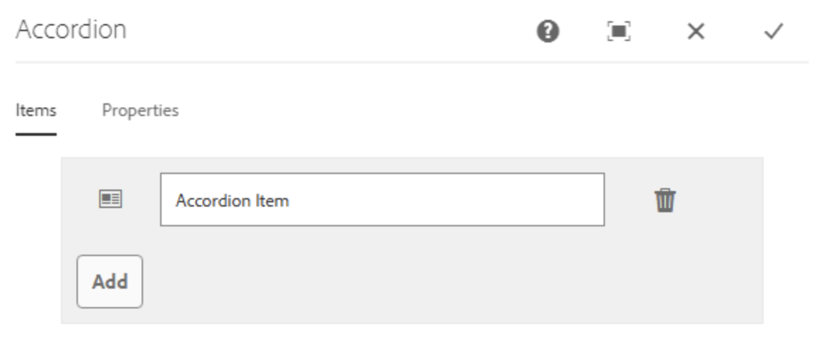 Beispielhaftes Accordion Item im Items Tab der Akkordeon-Komponente
