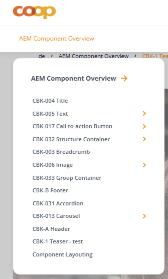 Navigationspart der Header-Komponente mit Oberpunkt AEM Component Overview und zahlreichen Subeinträgen
