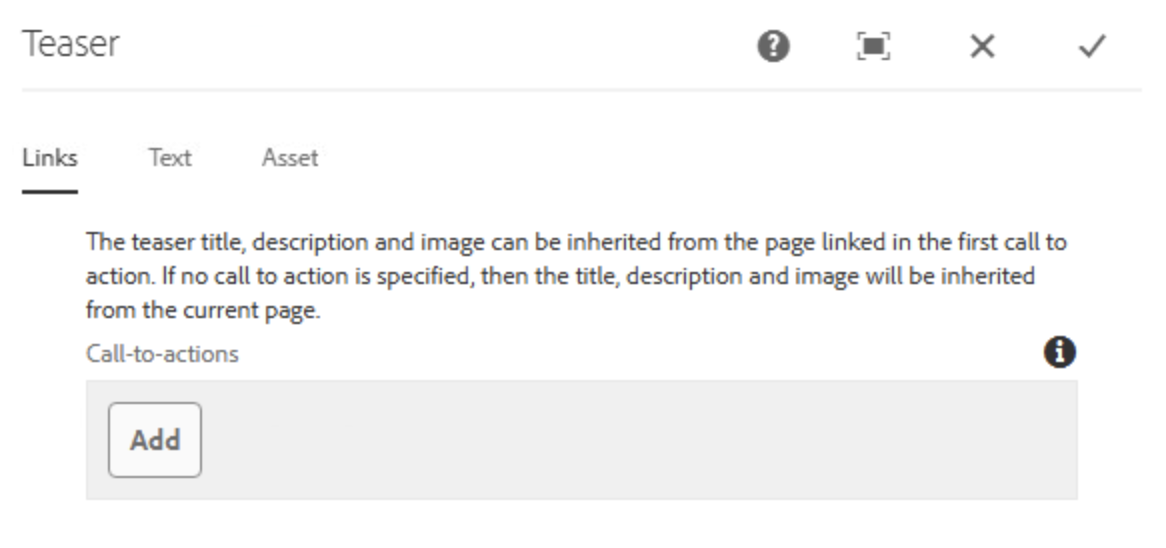 Unausgefüllter Einstellungstab für Links der Teaser Stage mit Button Add zum Einfügen der Call-to-actions