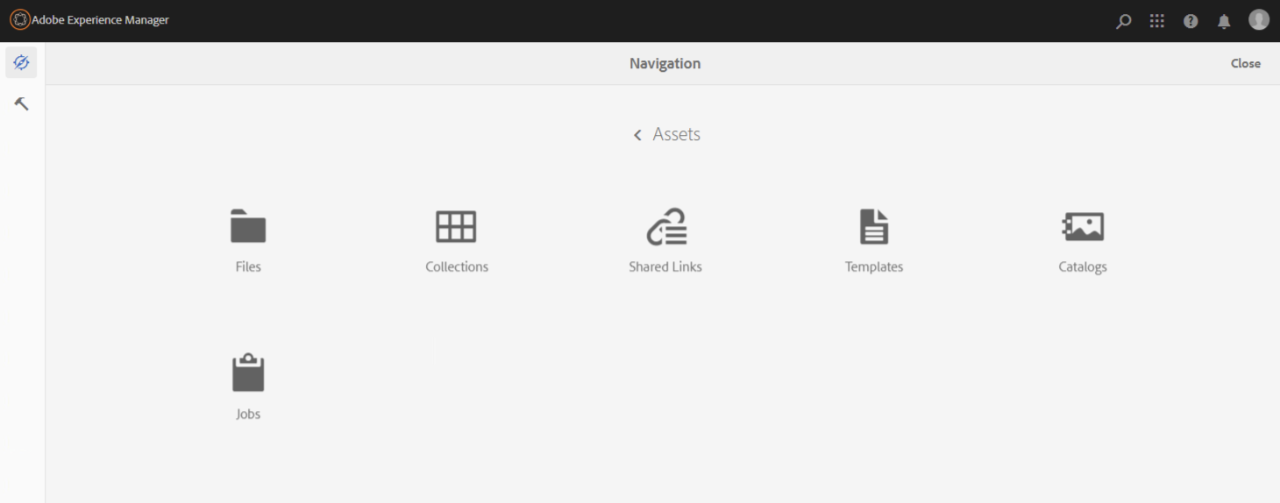 Backend-Ansicht im Bereich Assets mit Icons zu Subpunkten