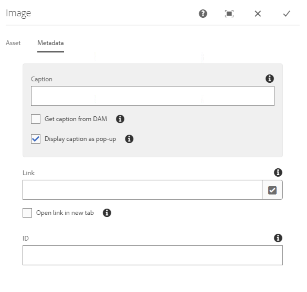 Bildkomponente Ansicht Dialogfeld Metadata unausgefüllt