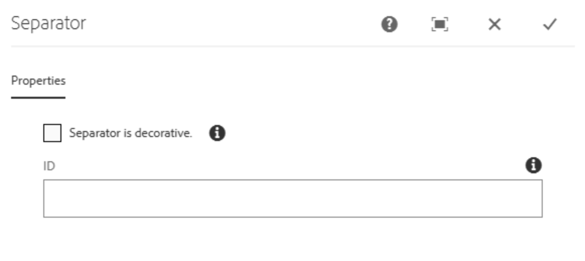 Ein Screenshot eines Einstellungsfensters für einen "Separator", der eine Checkbox mit der Aufschrift „Separator is decorative“ und ein Eingabefeld für eine ID mit Informationssymbolen zeigt.