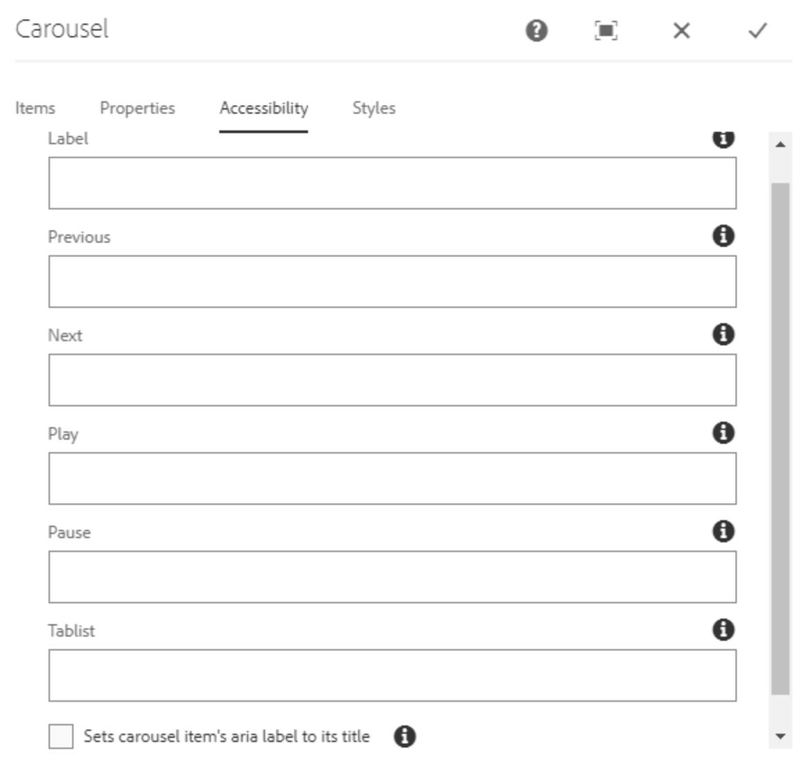 Übersicht unausgefüllter Elementfelder der Carousel Kompontente für Barrierefreiheit 