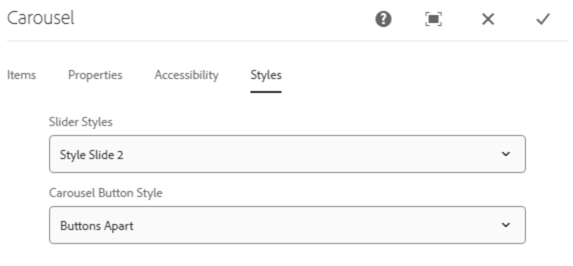 Carousel-Komponente Tab Styles zeigt Slider Styles Einstellung auf Style Slide 2 und Button Style Einstellung auf Buttons Apart