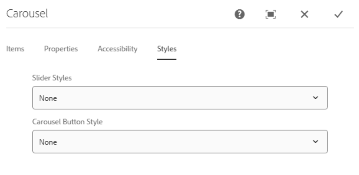 Carousel-Komponente auf Tab Styles zeigt die geschlossenen Dropdowns jeweils separat für Slider Styles und darunter Carousel Button Style