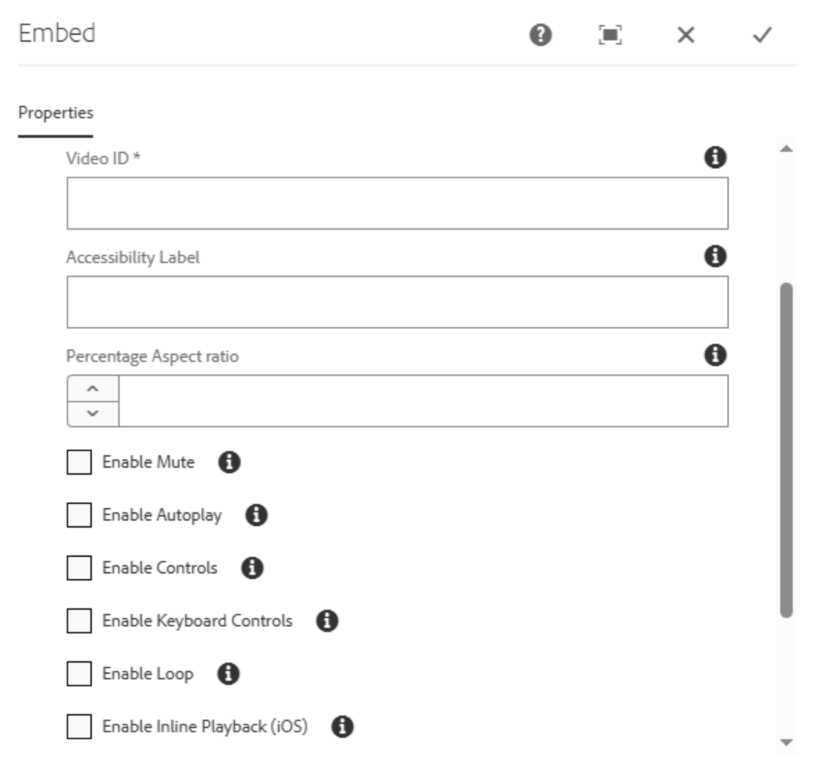 Screenshot eines "Embed"-Einstellungsfensters für Vimeo-Videos, das Felder für Video-ID, Zugänglichkeitsbezeichnung, Seitenverhältnis und Kontrollkästchen für Wiedergabeoptionen wie Mute, Autoplay und Steuerung zeigt.
