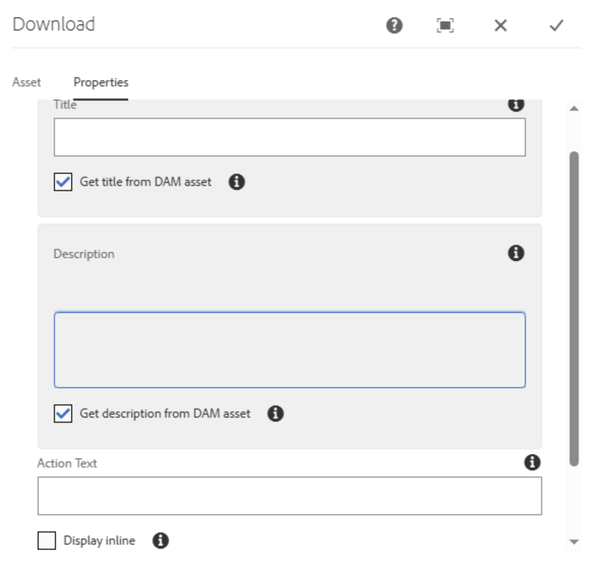 Ein Screenshot eines "Download"-Eigenschaften-Fensters. Es zeigt Eingabefelder für Titel, Beschreibung und Aktionstext sowie Checkboxen, um Daten aus einem DAM-System abzurufen, mit einer Scrollleiste.