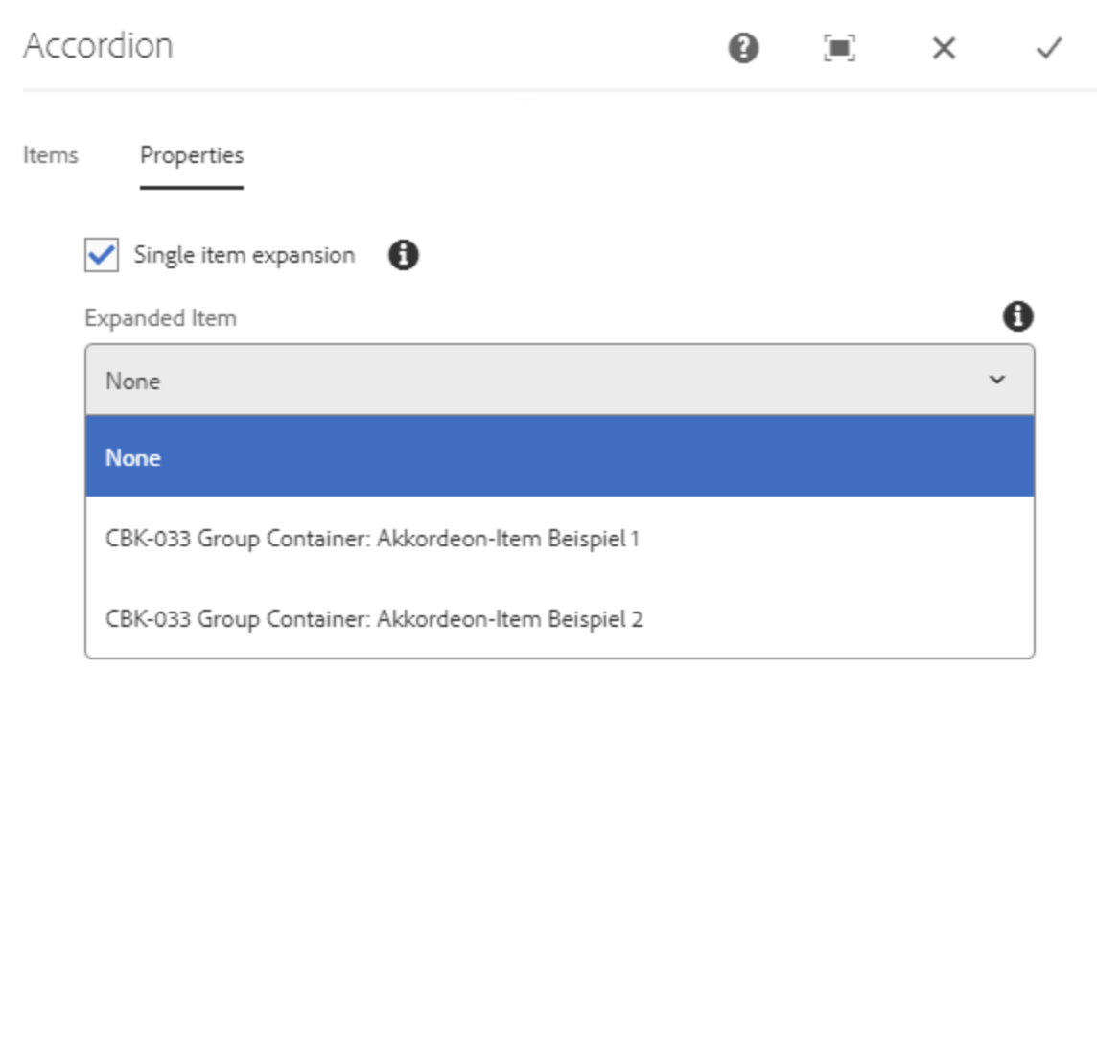 Tab Properties mit angehakter Einstellung zu geöffnetem ersten Akkordeon