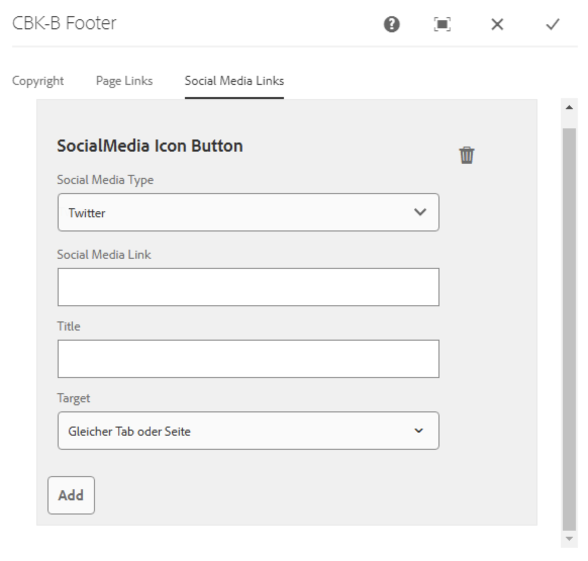Footer-Komponente mit Social Media Link Item Feld zum Hinzufügen neuer Social Media Links