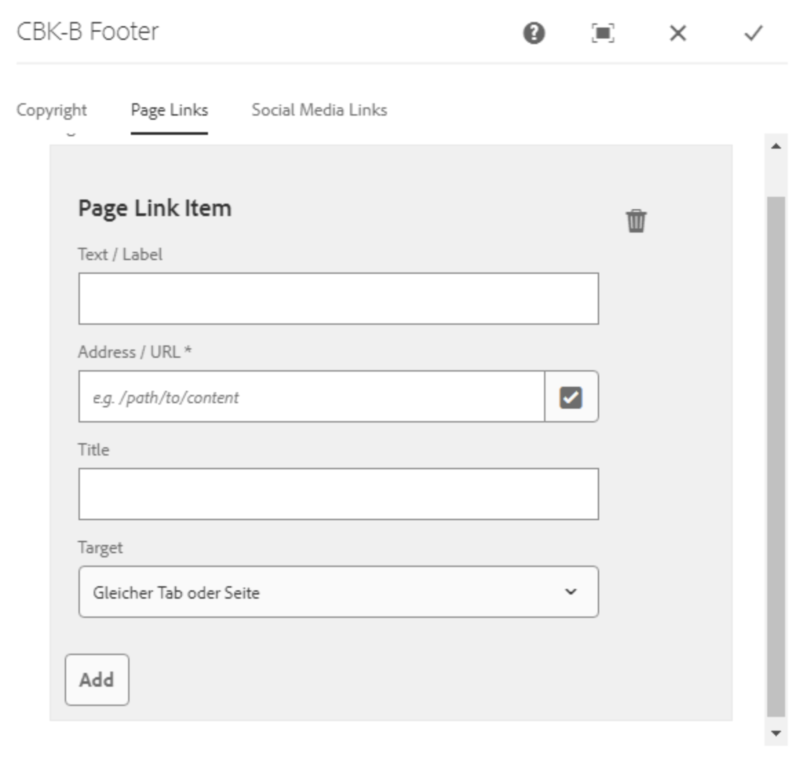 Footer-Komponente mit Page Link Item Feld zum Hinzufügen neuer Links