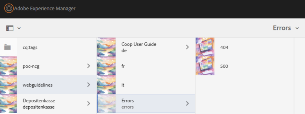 Backend-Baumstruktur mit markiertem Pfad Error Pages und den beiden Unterseiten 404 und 500