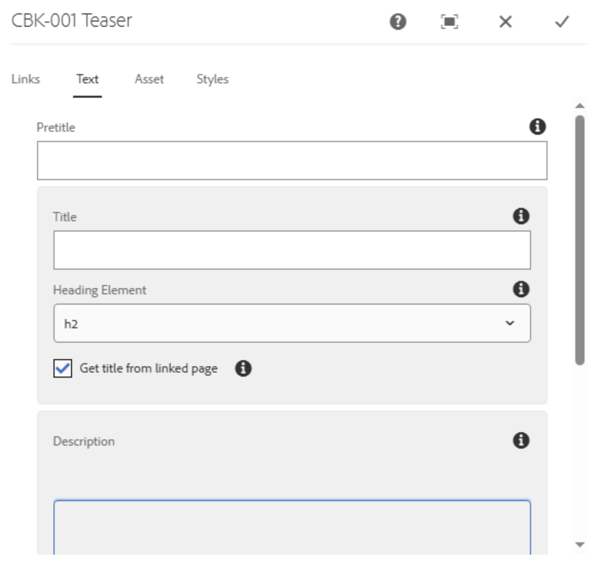 Ansicht Dialogfeld Text unausgefüllt mit Feldern Pretitle, Title, Heading Element, Description