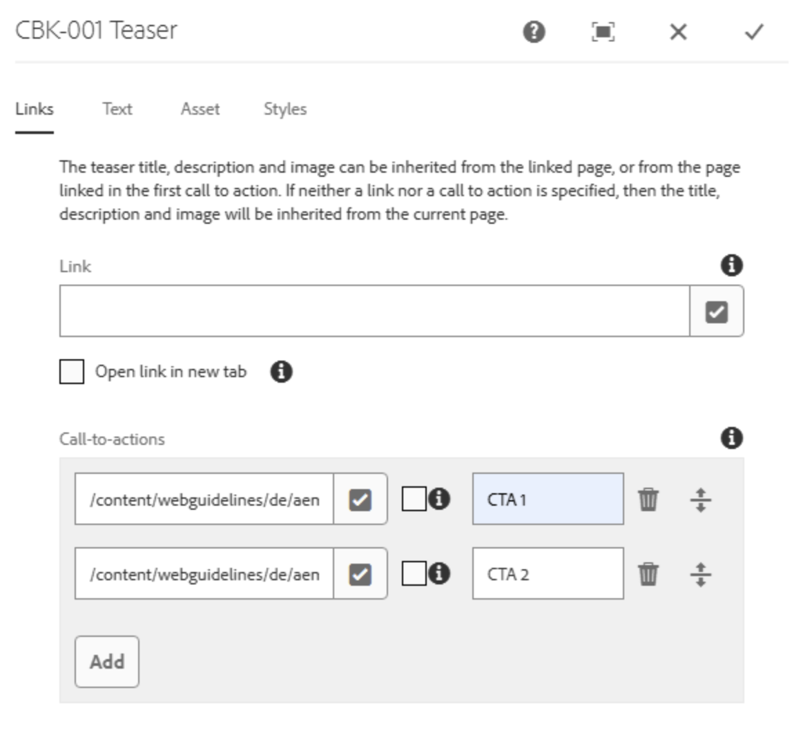 Dialogfeld Links der Teaser-Komponente mit zwei angelegten CTA-Pfaden, Link-Pfad Feld darüber ist leer